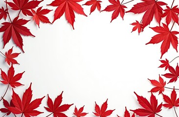 Wall Mural - Bright red maple leaves creating an elegant border with copy space on a clean white background