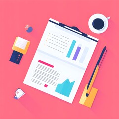Poster - Flat Lay Business Report with Chart and Graph on Clipboard with Coffee