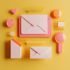 Poster - 3D Rendered Email Icon with Geometric Shapes on Yellow Background