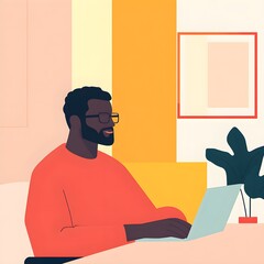 Poster - Man Working on Laptop in Modern Office Illustration