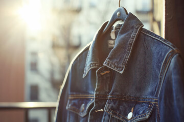 Denim jacket hanging on a hanger outside in soft sunlight with a blurred urban background.