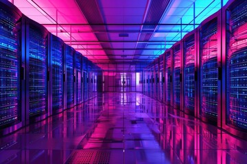 Poster - Row upon row of servers in a long hallway, ideal for data center or IT infrastructure images
