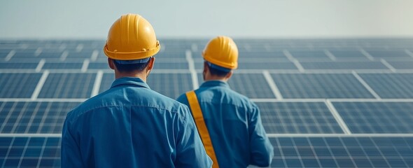 Two workers in yellow helmets inspect solar panels, showcasing renewable energy and sustainable technology.