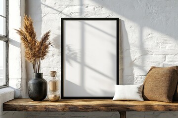 Wall Mural - Minimalist black poster frame on a wooden shelf in a modern living room with white walls and stylish decor elements.