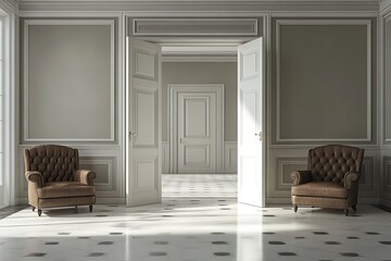 Wall Mural - 3D rendering of a living room interior with open doors and stylish design.