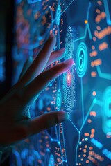 Poster - A person interacting with a high-tech interface on a computer screen, possibly for gaming or virtual reality
