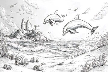 Poster - Delightful black and white handdrawn coloring page for kids showcasing a day at the beach with sandcastles seashells and playful dolphins jumping in the water