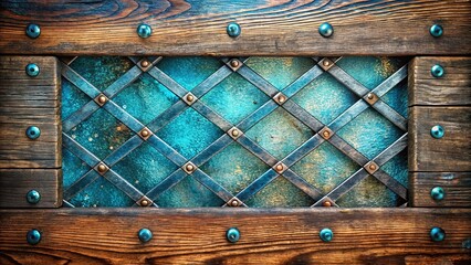 A rustic wooden frame with an intricate diamond-shaped metal grid, adorned with metallic accents, creating a captivating visual contrast between texture and geometry.