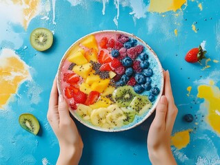 Vibrant bowl of mixed fruits held by hands against a colorful background. Ideal for health and wellness projects. A refreshing and tasty option. Generative AI