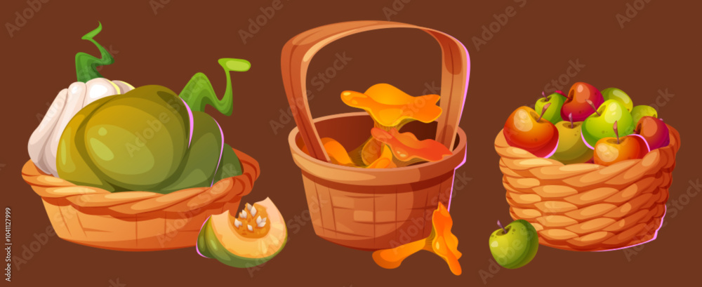 Autumn harvest baskets set isolated on brown background. Vector cartoon ...
