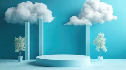 Poster - 3D rendered illustration featuring a stage with clouds and a podium set against a modern minimalistic background