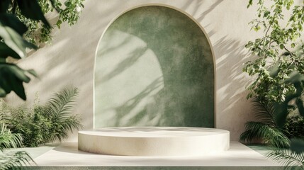 Poster - 3d rendering of an empty podium mockup featuring geometric shapes and a green nature theme for produ