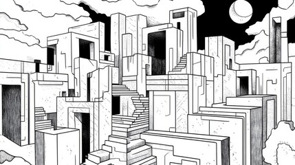 Black and white line art depiction of a structure