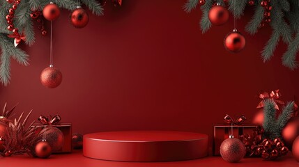 Poster - Red holiday greeting card with an empty circular podium for product display on a red backdrop 3D rendering and illustration