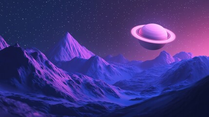 Wall Mural - sci fi wallpaper featuring saturn and mountains on earth in a night landscape created with 3d cartoo