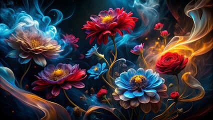 Wall Mural - A symphony of vibrant blossoms bathed in ethereal smoke, their petals unfurling in a mesmerizing dance of color and light.