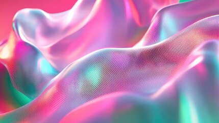 Poster - Glowing pink and blue mesh flows over a vibrant green and pink backdrop A digitally generated composition featuring color shape light and movement