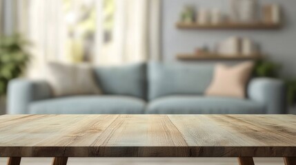 Poster - 3D rendering of a table top with a blurred sofa in a home interior setting