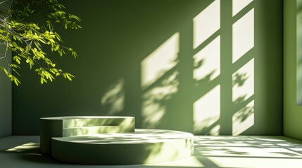 Poster - 3d rendering of an abstract green background featuring an empty stage with steps and a cylindrical p