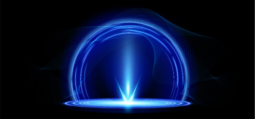 Poster - Futuristic 3D illustration with glowing blue tech portal emitting holographic light. Podium with vibrant lighting effect for sci-fi or technology design. Abstract fantasy cyberpunk teleport platform.