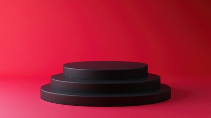 Poster - pastel black cylindrical podium featuring steps against a red background 3d rendering of an abstract