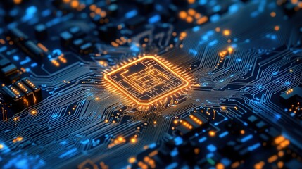 Poster - Futuristic Circuit Board with Bright Processor Design