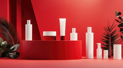Poster - 3D rendering of empty product display for skincare cosmetics with modern red podium backdrop