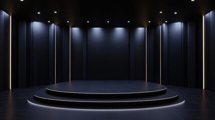 Poster - 3D rendered stage with black geometric shapes in a dark background