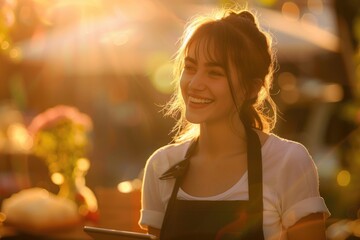 A smiling woman holds a tablet, great for tech-related concepts or personal use