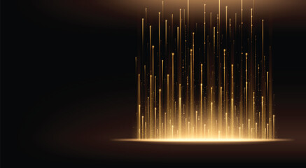 Poster - Vertical flare of golden light on black background. Realistic vector illustration of dark bg with striking visual effect. Luxury design banner with shimmering upward lines with sparkling glitter.