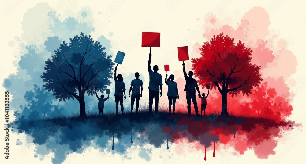 Unity in red, white, and blue with dynamic brushstrokes, trees, and ...