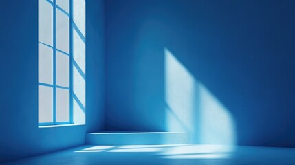 Poster - abstract 3d rendering of a blue interior corner wall with a window light stage scene designed for an