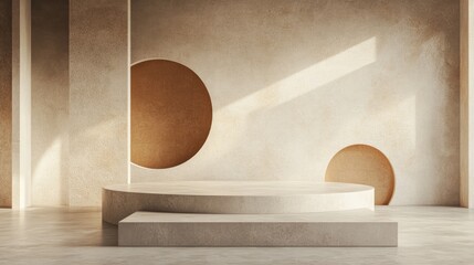 Poster - 3D rendering of a podium and abstract geometric shapes with open space for showcasing children s or baby products