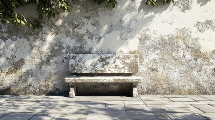 Poster - 3D rendering of a stone bench next to an aged wall with no people present