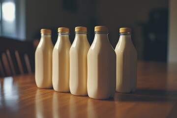 Milk bottles stacked on a wooden surface, great for food or home illustration