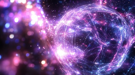 Poster - Abstract polygonal space in 16 9 aspect ratio 3D rendered digital technology background featuring a glowing sci fi interface with distorted lines and bright sparkles in a globe shape