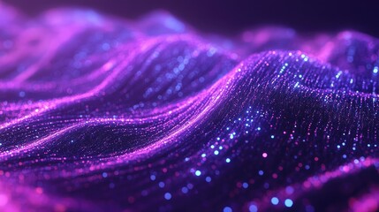 Poster - Flowing particle stream on a vibrant purple backdrop filled with luminous particles Abstract design representing information technology created through 3D rendering
