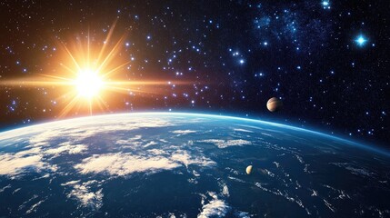Wall Mural - cartoon rendering in 3d of earth s atmosphere at dawn showcasing stars venus sirius and the solar sy