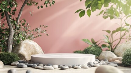 Poster - premium paper podium on a pastel background featuring plant branches leaves pebbles and natural ston