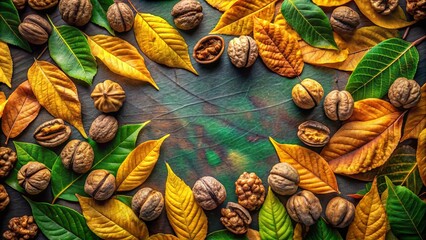 Wall Mural - A composition of autumn leaves and nuts with a rustic, earthy feel, showcasing the beauty of nature's transition.