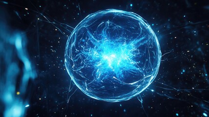 Poster - 3D cartoon depiction of a blue glowing sphere shaped power source in space featuring fusion or fission with particles Depth of field Computer generated abstract background