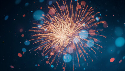 Vibrant gold and blue fireworks exploding against a deep navy sky, surrounded by a shimmering bokeh of colorful lights, capturing the festive spirit of New Year's Eve