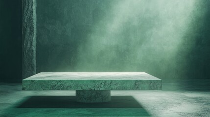 Sticker - 3D rendering of an empty marble table in the foreground and cement stone in the background featuring green light from above creating a rustic mood with an abstract backdrop for product display in 