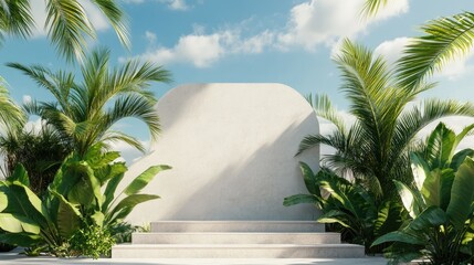 Poster - product display stand surrounded by tropical palm leaves against a backdrop of a white plaster wall 