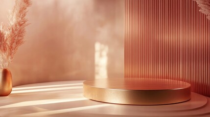 Poster - Gold luxury podium with a 3D background featuring geometric circular shapes an empty display pedestal on a curved floor ideal for minimal product presentations in cosmetics with ample copy space f