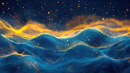 Poster - Abstract Futuristic Background With Blue And Yellow Waves Lightning And Energy Field Sparkling Particle Ribbons Science And Technology 3D