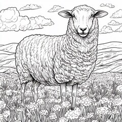 Poster - Delightful handdrawn black and white outline of a fluffy sheep grazing in a meadow perfect for kids to color and connect with farm life