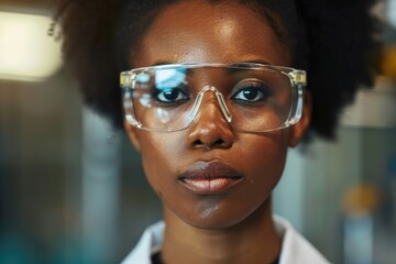 Poster - a woman in a lab coat and safety glasses working in a laboratory