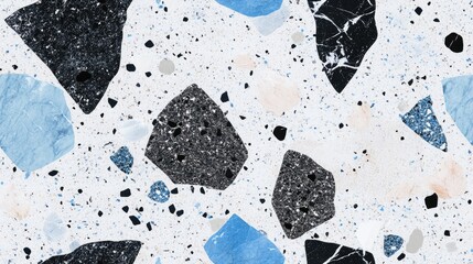 Poster - Gray and blue terrazzo wall texture featuring granite black and white elements with a marble surface pattern and small mixed sand tile accents