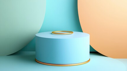 Poster - Pastel colored cylindrical pedestal featuring a golden ring and geometric shapes in a 3D mockup rendering